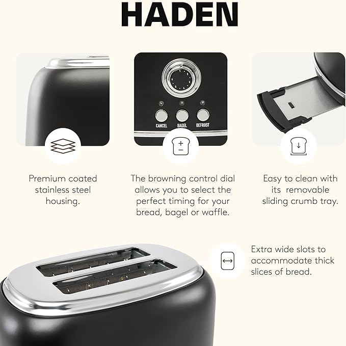 Haden Heritage 2 Slice Wide Slot Stainless Steel Toaster with Adjustable Browning Control &amp Non-Slip Feet Black &amp Chrome