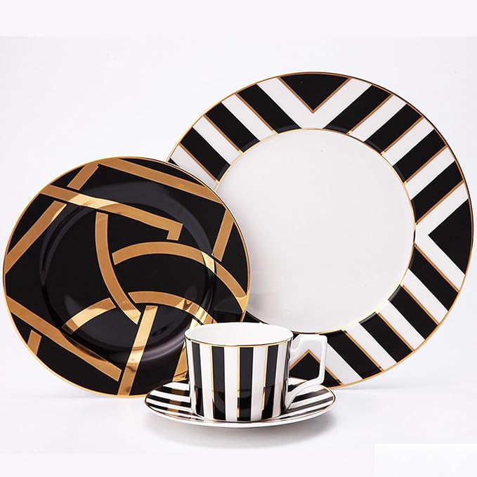 Black and white light luxury fashion Dinnerware Set Service for 4New Home Celebration Bone China Dinnerware SetsSteak Dinner Plates Dish Set (16Pcs)Freezer Safe Elegant Dining Plates XJKL