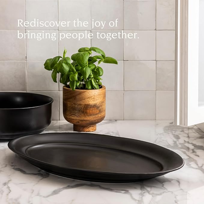 over&ampback Rim Stoneware Serving Platter - Elegant 1-Piece Oval Serving Platter to Complete Your Kitchen Set - 16 L x 10.8 W Semi-Matte Black