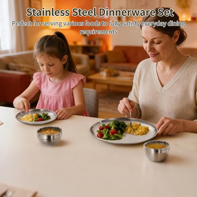 20PCS Stainless Steel Plates and Bowls Sets Includes 10PCS 6.7 &amp 10.2 in Plates 10 Pieces Bowls 304 Reusable Camping Mess Kits for Home Kitchen Dorm and Outdoor Picnic (Silver-A)