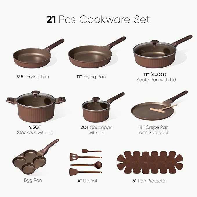 CAROTE Pots and Pans Set Non Stick Cookware Sets Nonstick 21 pcs Kitchen Pot &amp Pan Induction cookwasre Compatible with Crepe Frying Pan PFOA/PFOSFree