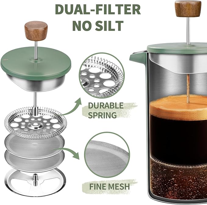 French Press Coffee Maker 34oz Stainless Steel Green Coffee Press Real Wood Handle Double Wall Insulated French Coffee Press with Dual-Filter Screen Perfect for Camping &amp Kitchen Use