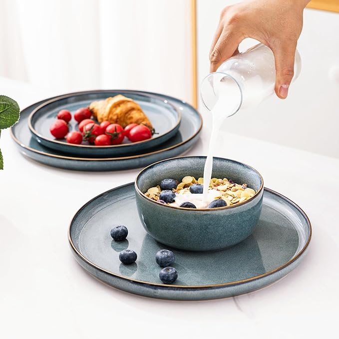 GBHOME Ceramic Dinnerware Sets for 6 24 Pieces Stoneware Plates and Bowls Sets Chip and Scratch Resistant Dishes Dishwasher &amp Microwave Safe Reactive Glaze