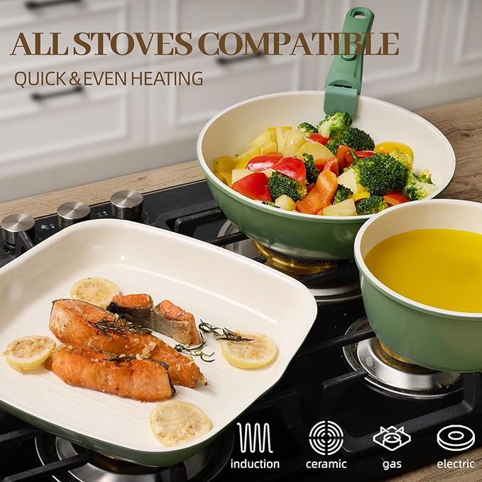 Ceramic Cookware Set 23Pcs Non Stick Pots and Pans Non Toxic with Detachable Handle Induction Kitchen Cookware Set Space Saving Oven &amp Dishwasher Safe Forest Green