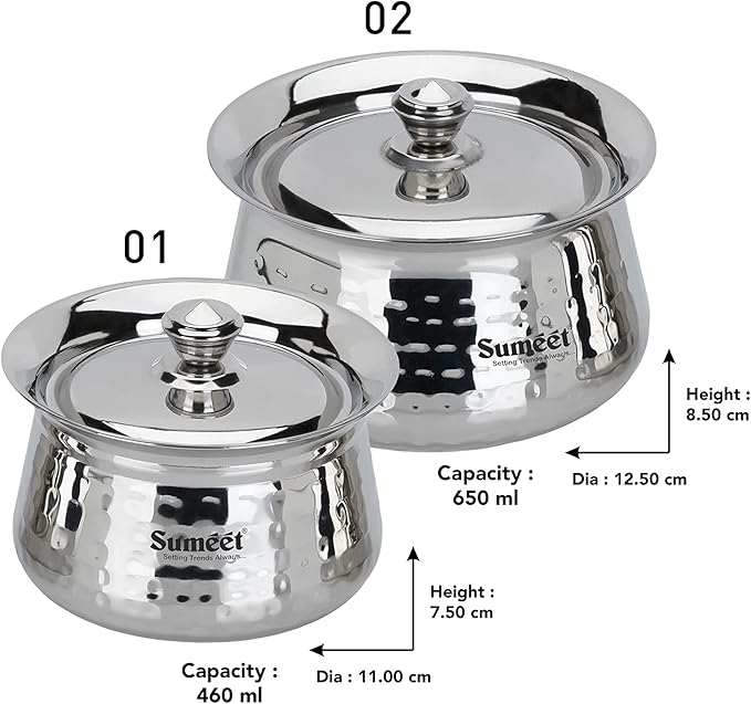 Sumeet Stainless Steel Handcrafted Hammered Texture Handi Set with Lid for Kitchen Set of 2 460ml &amp 650ml Silver