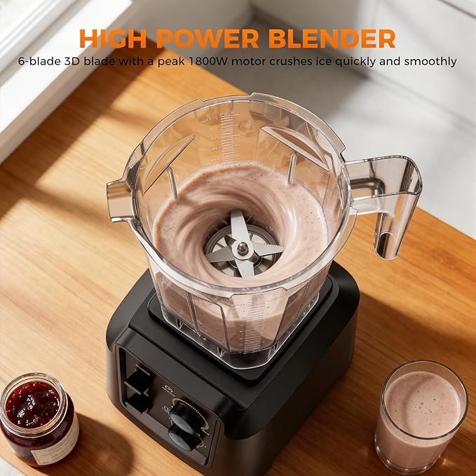 Blender 1800W Blender with Grinder - 6-Blade Professional Smoothie Blenders for Kitchen Crushes Ice Self-Cleaning 68oz &amp 27oz Jars Dishwasher Safe for Baby Food Nut Butter