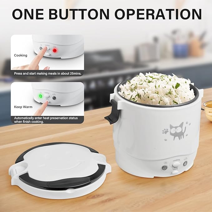 OSBA Mini Rice Cooker 1L Small Rice Cooker 2 Cup-uncooked Travel Rice Maker 12V for Car with Steamer Auto Keep Warm Suitable For 1-2 People White