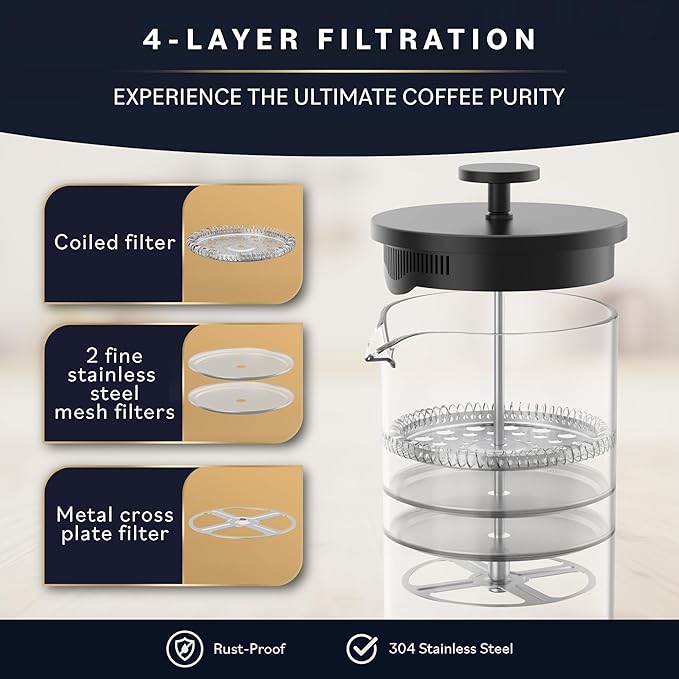 Home Hero French Press Coffee Maker - 34 oz Coffee Press with Bamboo Wood Handle Heat Resistant Thick Borosilicate Glass French Presses 4 Layer Filter French Press Stainless Steel (Black)