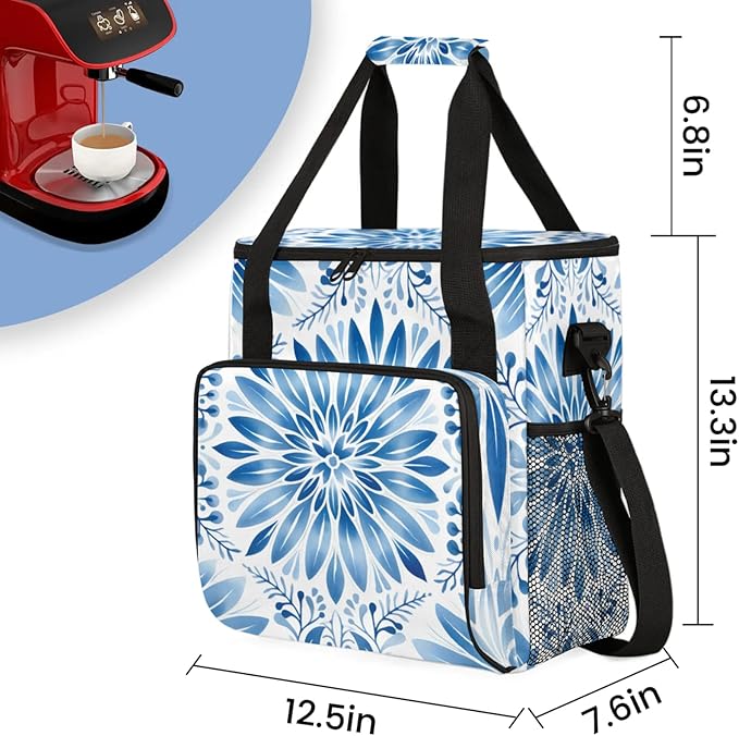 Blue White Floral Coffee Maker Travel Bag for Keurig K-Mini/K-Mini Plus Insulated Waterproof Tote with Pockets for Portable Single-Serve Brewer Case