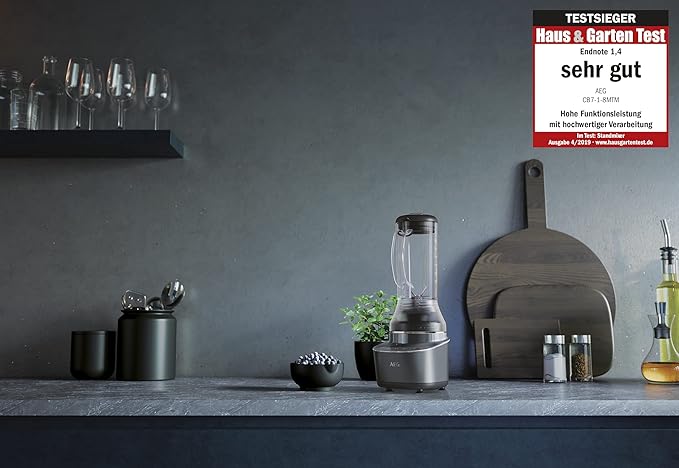 AEG CB7-1-8MTM Compact Blender (2 Levels 2 Recipe Programmes Pulse Function Includes Accessories LED Backlit Buttons 6-Blade Stainless Steel Knife 0.6 Litre Tritan Jug Grey)