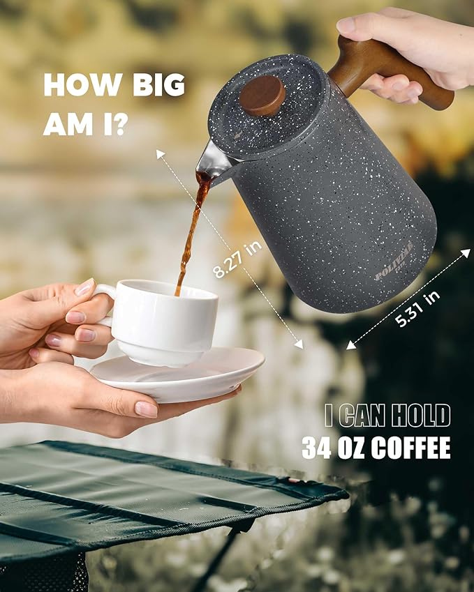 POLIVIAR French Press Coffee Maker 34 oz Coffee Press with Real Wood Handle Double Wall Insulation &amp Dual-Filter Screen Food Grade Stainless Steel for Good Coffe and Tea JX2025-XFPG