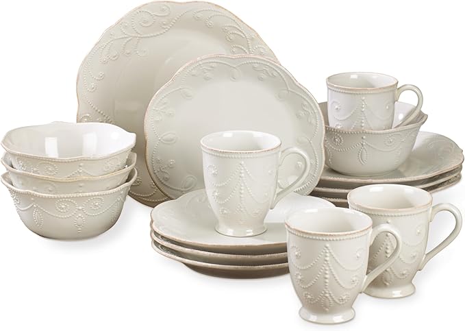 Lenox Dinnerware Set French Perle White 16-Piece Set Service For 4 Stoneware Material Dishwasher Safe Microwave Safe Plates Bowls Mugs Plates and Bowls Dishes (White 16 Piece)
