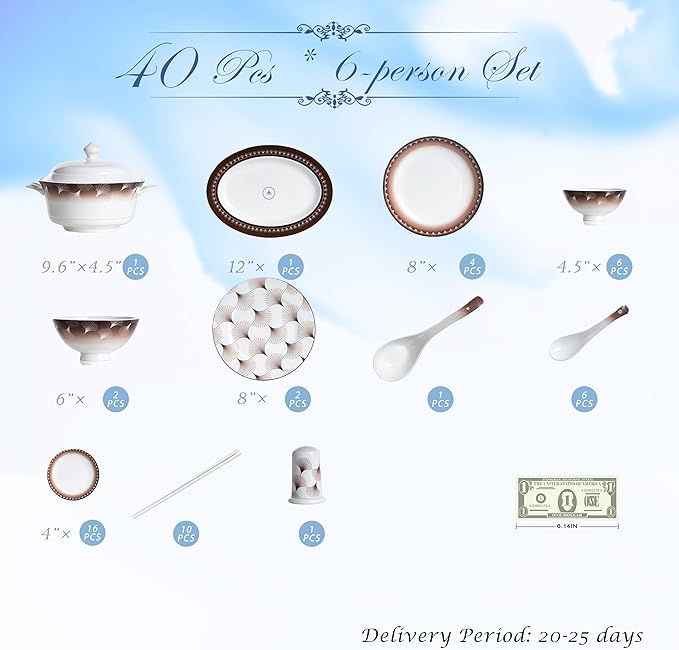 Fine Bone China Dinnerware SetPorcelain&ampCeramic Dinnerware SetsBone Stoneware &amp Ceramic Cookware Tableware Set Includes Dinner Plates|Spoons|Pasta Bowls|Soup Pot|Chopsticks (40 PCS)