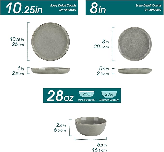 vancasso ANYA 18 Pieces Plates and Bowls Set Stone Grey Dinnerware Sets Reactive Glaze Dishes Set for 6 Ceramic Dishware Sets Kitchen Dinner Set Microwave &amp Dishwasher Safe