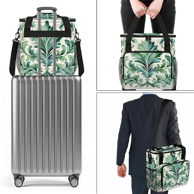 Green Floral Print Coffee Maker Travel Bag for Keurig K-Mini/K-Mini Plus Insulated Waterproof Tote with Pockets for K-Cup Portable Single-Serve Brewer Case