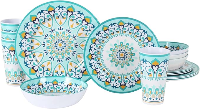 Melamine Dinnerware Set for 4-16 Pcs:Camping Dishes Set with Dinner PlatesSalad PlatesBowls and Cups.Lightweight and Unbreakable.Indoor and Outdoor Use.