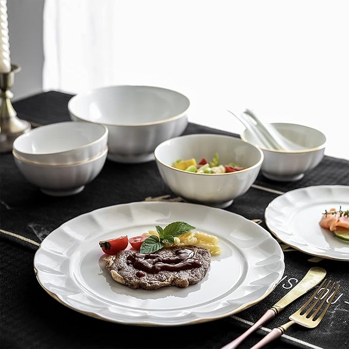 Ceramic Dinnerware Set Collection - Phnom Penh Ceramics Bowls and Plates Sets 16 Piece Dish Set Includes Dinner Plate Salad Plate Soup Bowl and Mug Tableware Combination Set White
