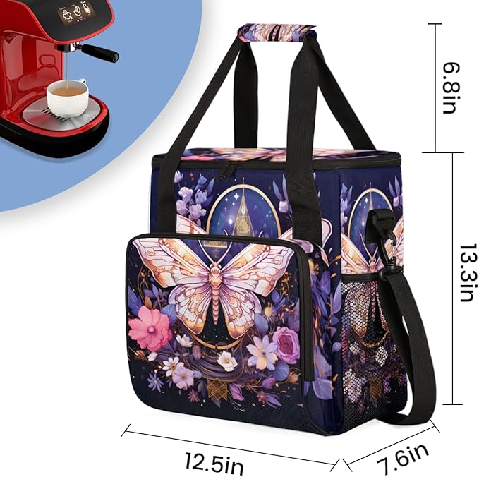 Gothic Butterfly Coffee Maker Carrying Bag Flowers Butterfly Travel Storage Bag Compatible with K-Mini or K-Mini Plus Single Serve Coffee Brewer Carrying Case with Multiple Pockets &amp Shoulder St