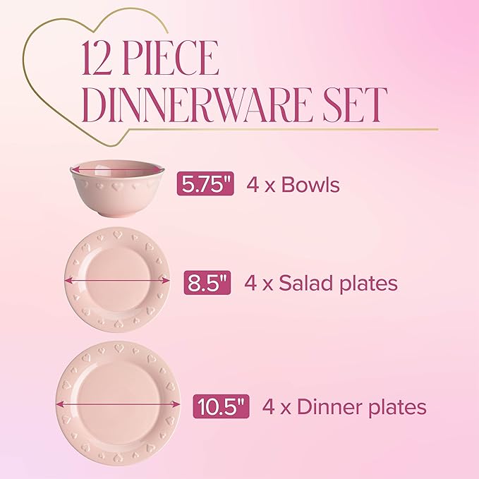 Paris Hilton 12-Piece Dinnerware Set Embossed Hearts. Iconic Ceramic Stoneware Service for 4 with Dinner Plates Salad Plates and Bowls Microwave &amp Dishwasher Safe Pink