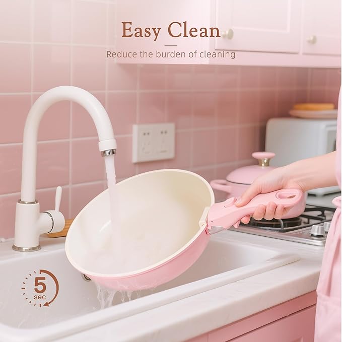 Astercook 21 Pcs Pots and Pans Non Stick Ceramic Cookware Set Detachable Handles RV Kitchen Cooking Set Oven Safe Induction Ready Stackable Pink