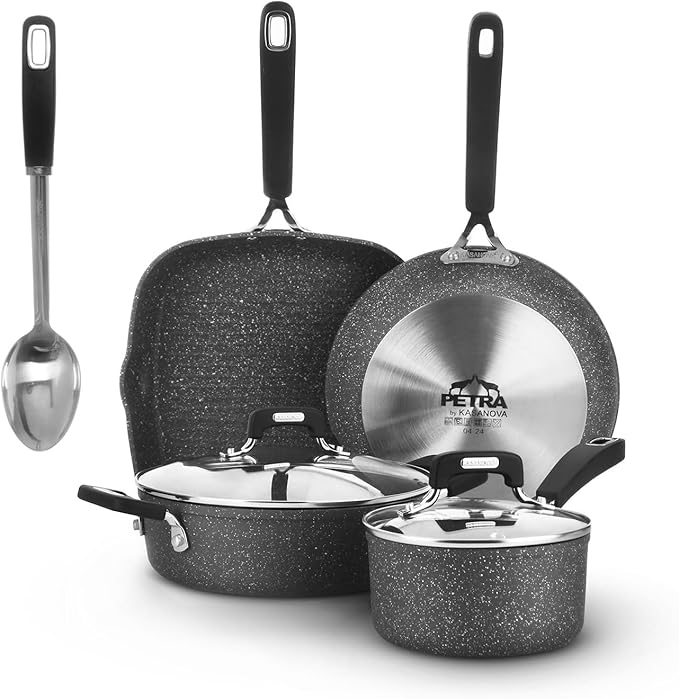 New Petra Dark 7-Pcs Cookware set Nonstick Induction ready Aluminum cookware set with glass lids Frying Pans &amp Casseroles PFOA free with kitchen turner