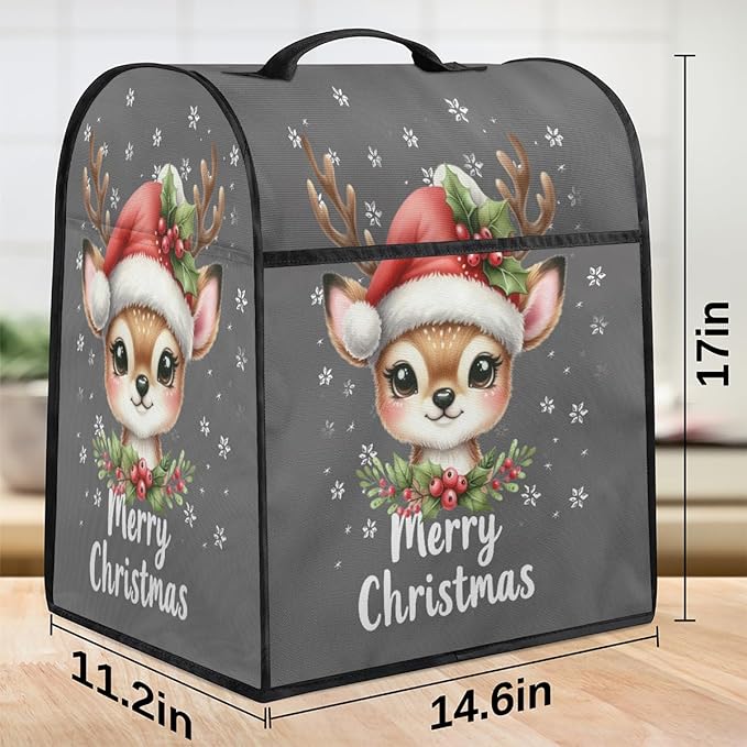 Kitchen Aid Mixer Cover Christmas Cute Deers Holly Stand Mixer Cover Compatible with 6-8 Quarts Stand Mixers Dust Covers with Zipper Pocket Foldable Washable Kitchen Aid Organizer Bag