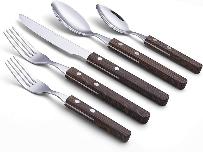 ANNOVA 20 Piece Silverware Set Service for 4 Stainless Steel Retro/Rivet Walnut Wood Tableware Kitchen Flatware Set Utensils Includes Dinner Knives Forks Spoons Salad Forks &amp Dessert Spoons