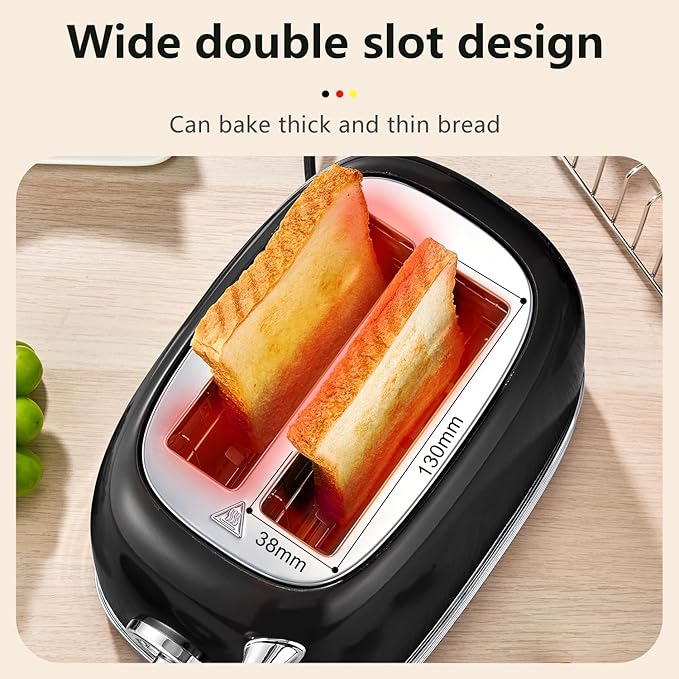 Glossy Black Cute Retro Toaster 2 Slice with 1.58 Wide Slots Bread toaster with Cover and Warm Rack Stainless Steel Toaster with Removable Crumb Tray Preheat Defrost Cancel Function