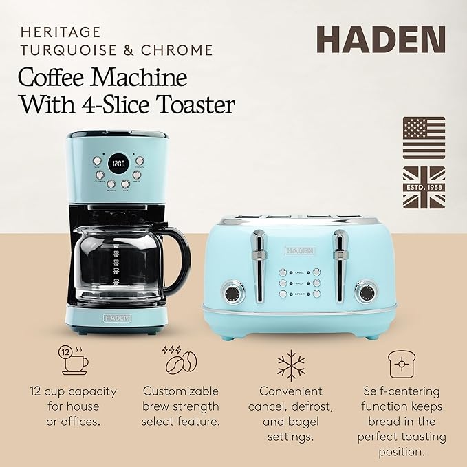 Haden 12 Cup Programmable Drip Coffee Maker Coffee Machine Bundled with Heritage 4 Slice Wide Slot Stainless Steel Toaster Turquoise &amp Chrome