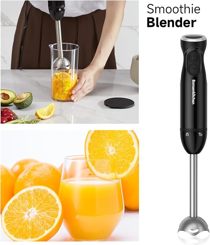 Bonsenkitchen Immersion Blender 12-Speed &amp Turbo Electric Stick Blender with Sharp Blades Egg Whisk 24oz Beaker Perfect for Soups Smoothies Sauces Easy Clean Versatile