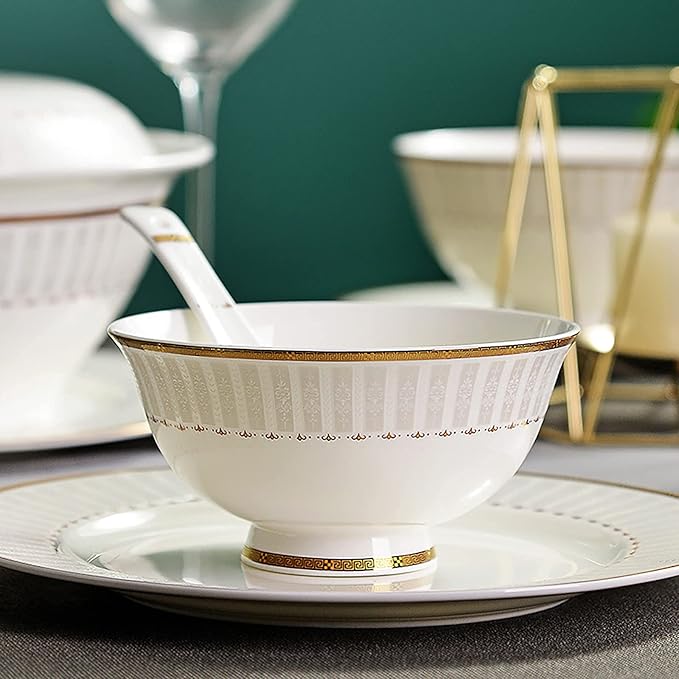 50 Pieces Dinner SetWhite Porcelain Bone China Tableware Set with Round Dessert Plates Soup Plates Dinner Plates Bowls Dishes Soup Pot Service for 10 People with Gold Rim