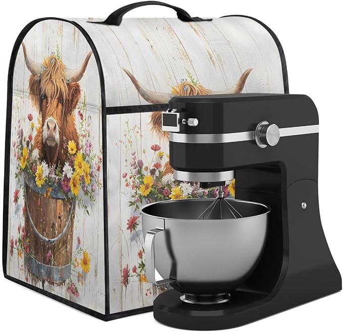 Kitchen Aid Mixer Cover Flowers Cute Cow Highland Stand Mixer Cover Compatible with 6-8 Quarts Stand Mixers Dust Covers with Zipper Pocket Foldable Washable Kitchen Aid Organizer Bag