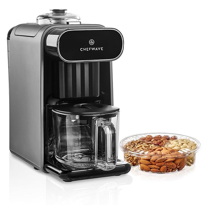 ChefWave Milkmade Soy Milk Maker (Silver/Black) 6-in-1 Vegan Plant-Based Milk Machine with Auto Clean and Delay Start Almond Oat Soy Cashew Coconut Macadamia Milk Maker with Nut Platter