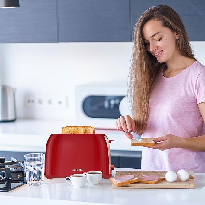 Aiwa Toaster 2 Slice Wide Slot Reheat and Defrost Function 6 Browning Settings Drop Down Crumb Tray Red