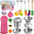 Juboury Kitchen Pretend Play Toys with Stainless Steel Cookware Pots and Pans Set Cooking Utensils Apron &amp Chef Hat Cutting Vegetables for Kids Girls Boys Toddlers