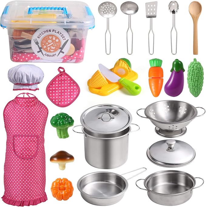 Juboury Kitchen Pretend Play Toys with Stainless Steel Cookware Pots and Pans Set Cooking Utensils Apron &amp Chef Hat Cutting Vegetables for Kids Girls Boys Toddlers