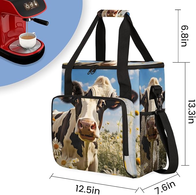 Cow Chrysanthemum Coffee Maker Carrying Bag Portable Travel Storage Tote Bag Compatible with K-Mini or K-Mini Plus Single Serve Coffee Brewer Carrying Case with Multiple Pockets &amp Shoulder Strap