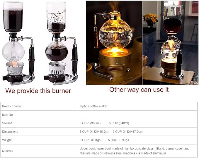 Siphon Coffee Maker Glass Siphon Vacuum Coffee Maker with Metal Base 3-5 Cup Vacuum Glass Siphon Pot Percolators Heat Resistant Glass and Long Service Life for Office Home Cafe