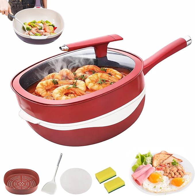 12 Inch Titanium Alloy Non Stick Pot with Lid with Steamer Ergonomic Stay-Cool Handle Nonstick Frying Pan Cookware Set for Frying Stewing Induction &amp Gas (Red)