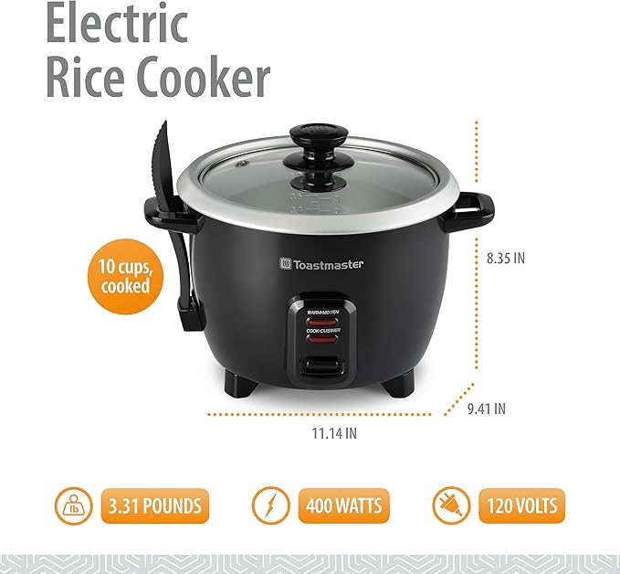 Toastmaster Electric Rice Cooker - Large Capacity for Soups Oatmeal &amp More - Automatic Rice Cooker with Tempered Glass Lid &amp Keep Warm Mode - 10-Cup Black