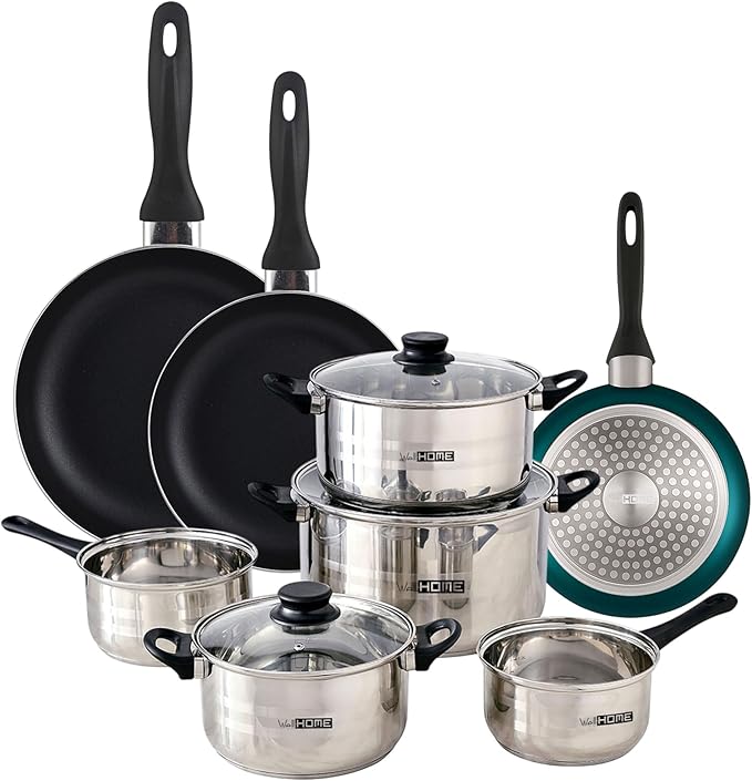 Well Home Cookware Set 8 Pieces Stainless Steel + 3 Pans Diameter 16 x 20 x 24 cm Metallic Blue Pressed Aluminium