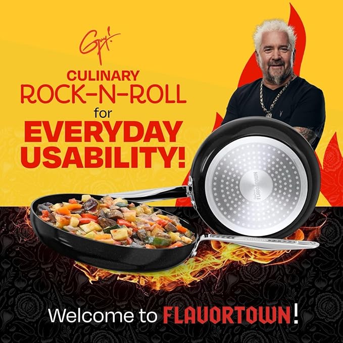 Guy Fieri's Flavortown 2-Piece Ceramic Cookware Set Nonstick Frying Pan Set 10 and 12 Easy-Clean Kitchen Cookware Made without PFAS PTFE PFOA Induction Compatible Oven &amp Dishwasher Safe Bl