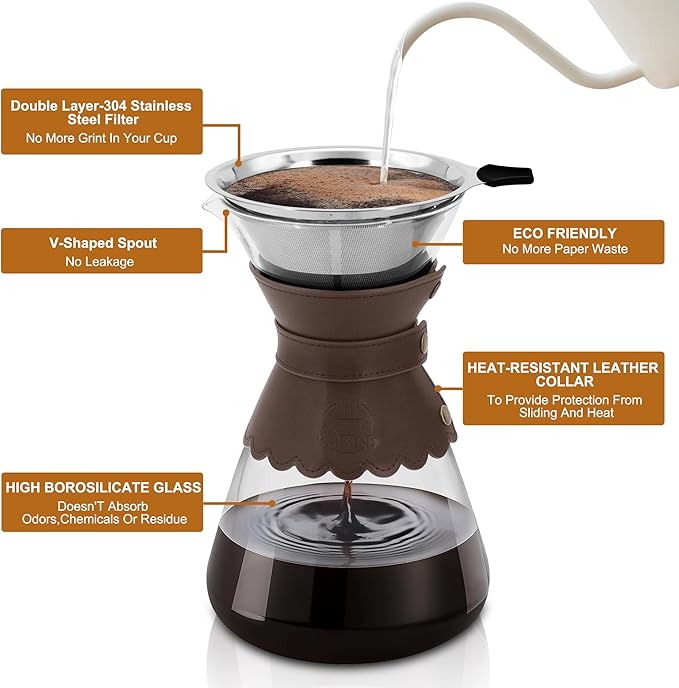 34oz Pour Over Coffee Maker with Double Layer Stainless Steel Filter Borosilicate Glass Dripper Detachable Heat-Resistant Leather Pad 7-8 Cups Coffee Maker Carafe（Dark brown）