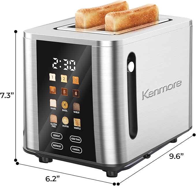 Kenmore 2-Slice Toaster - Color Touch Screen &amp 6 Shade Settings Extra Wide Slots Digital Countdown Timer Customizable Smart Presets Reheat Defrost Add Time Functions Stainless Steel