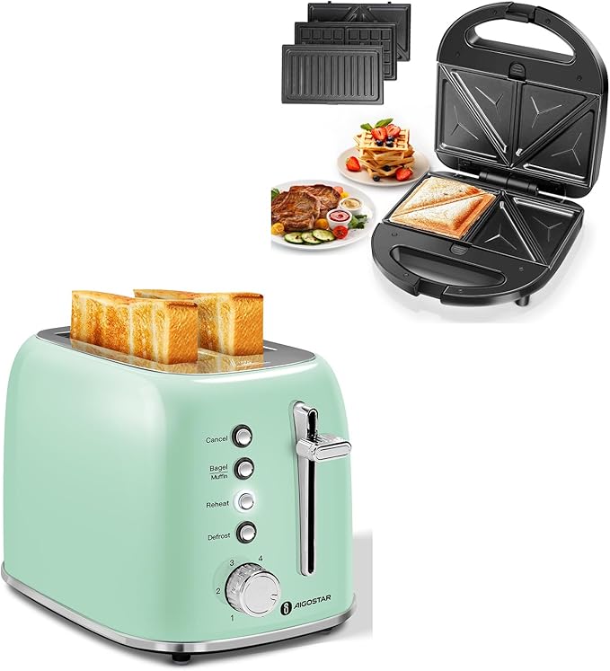 Aigostar Toaster 2 Slice Retro Toaster and 3 in 1 Sandwich Maker Panini Press Sandwich Waffle Tortilla Toaster Stainless Steel 1.6 inch Extra Wide Slots Bread Toaster Bagel Cancel Defrost Function