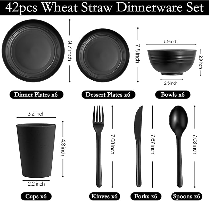 EI 42pcs Wheat Straw Dinnerware SetUnbreakable Reuasble PlatePlastic Plates and Bowls SetsLightweight Dinnerware for CampingPicnincParty-Black BowlsPlatesCupsCutlery