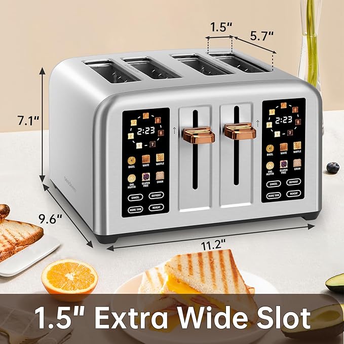 SEEDEEM Toaster 4 Slice Stainless Steel Touch Screen for Dual Control Digital Timer Smart Toaster with 6 Bread Type 7 Shade Setting 1.5''Wide Slot Removable Crumb Tray 1800W Silver Metallic