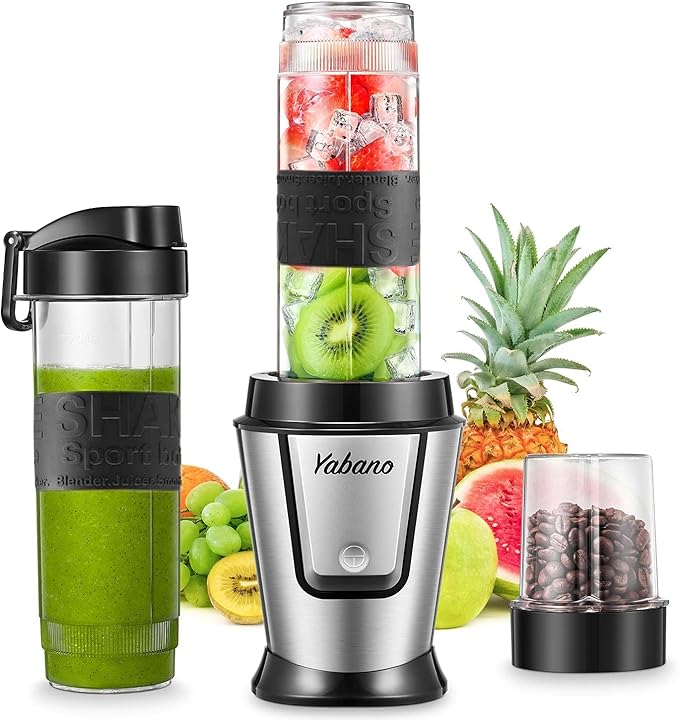 Personal Blender Electric Shake Bottle with 2 x 20oz Travel Bottle and Coffee/Spices Jar Portable Shaker Cups for Protein Shakes 500W Single Serve Blender for Shakes and Smoothies Sports(Black)