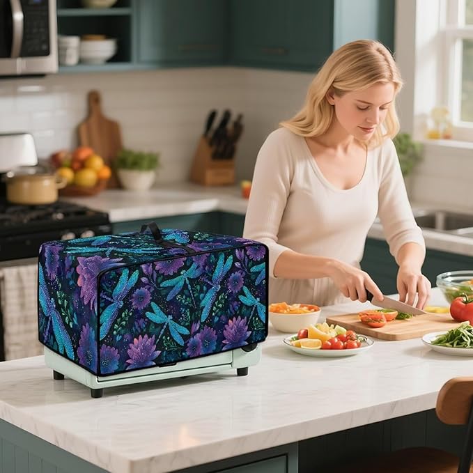 Dragonfly Floral Print Toaster Oven Cover for Kitchen Counter Decorative Washable Smart Microwave Oven Protector Dustproof Stain Resistant Bread Maker Cover Blue and Purple