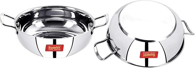 Sumeet Stainless Steel Encapsulated Bottom Induction and Gas Stove Friendly Kadhai - Set of 2 (Size No.11 and 12 1.5 L and 1.9 L)